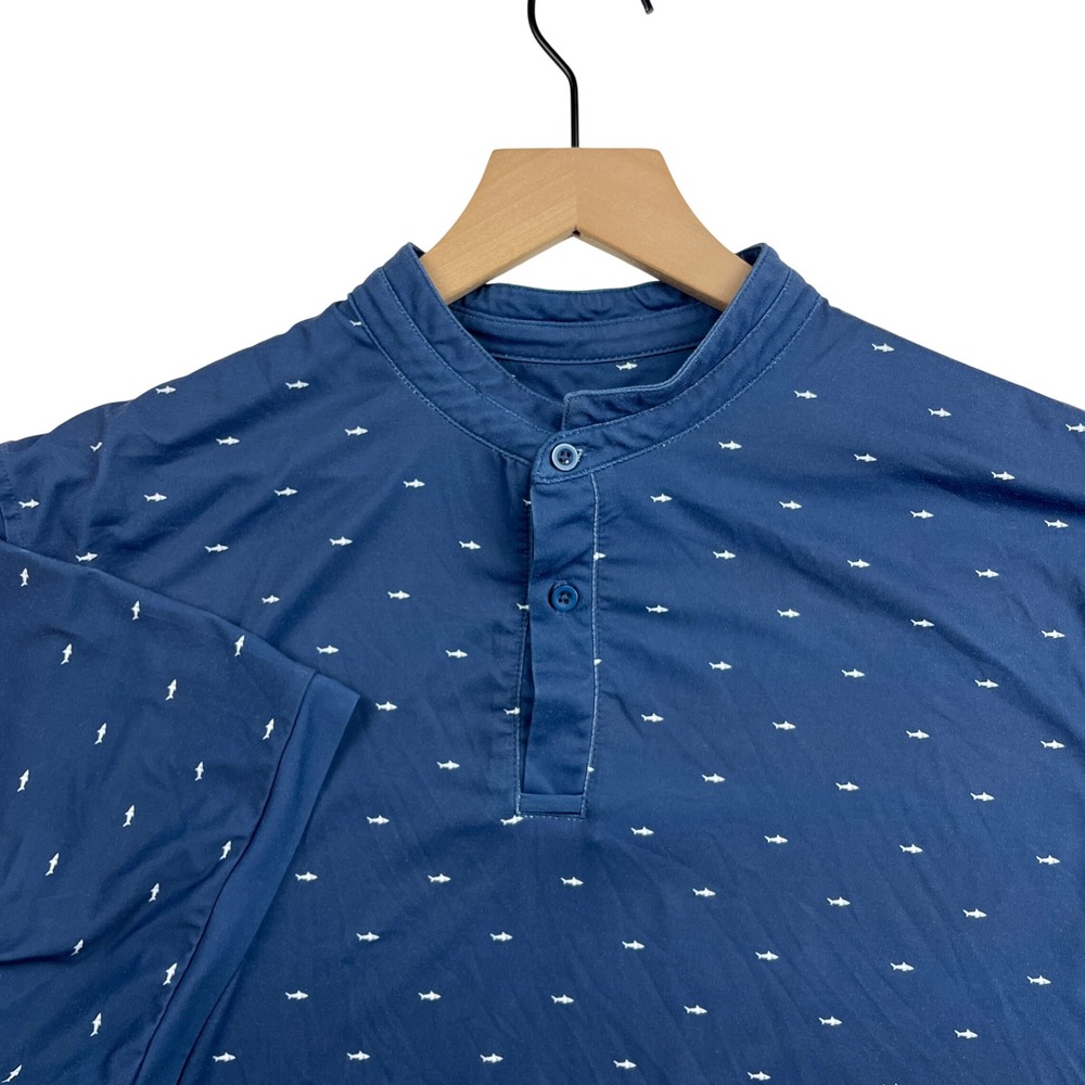 Mantra Mens Performance Shark Print Henley Polo Shirt Blue Size Large Short Slv